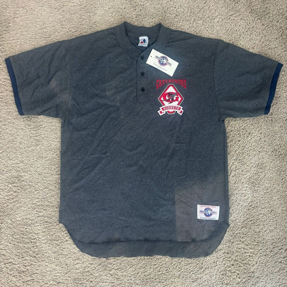 Vtg Greensboro Hornets MiLB Jersey Men XL Gray Red Patch Logo Henley Tee‎ Read